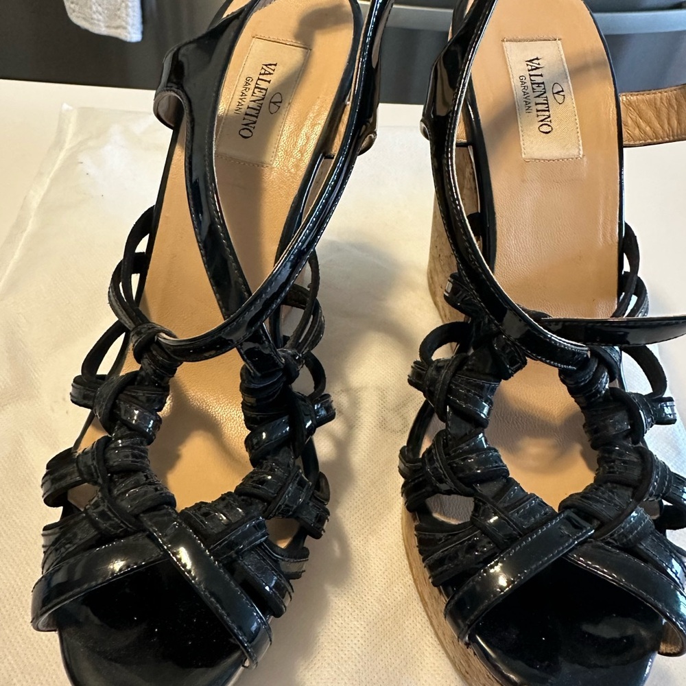 Valentino Garavani Black Wedge Shoes with Intricate Straps